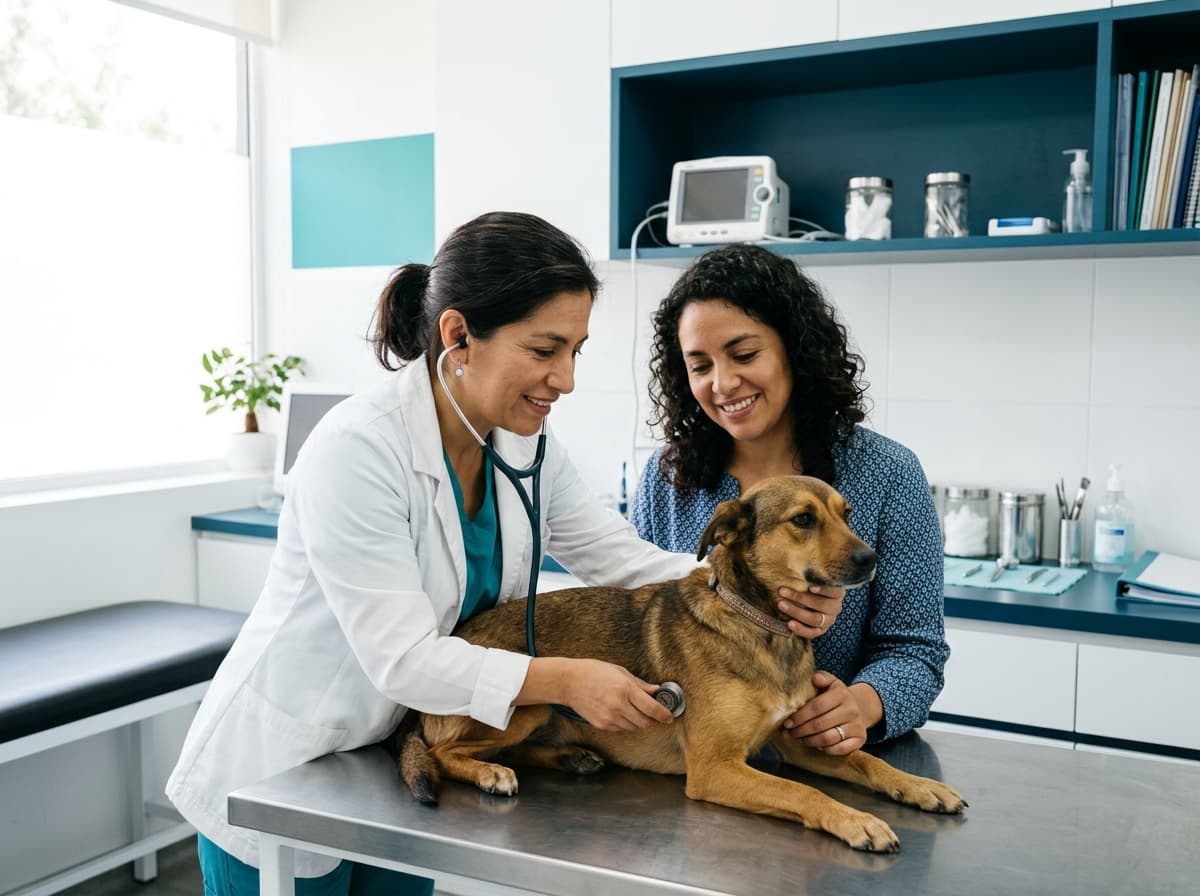 Consulta cercana entre veterinaria, tutora y mascota